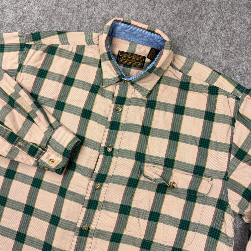 VTG Eddie Bauer Flannel Shirt Mens Medium Tan Green Plaid Long Sleeve 90s Fall